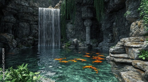 Lush waterfall cascading into a tranquil koi pond, carved rock formations