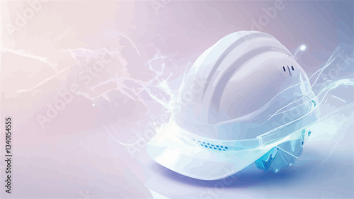 A close-up shot of a white hard hat, centrally positioned against a soft, gradient background of purple and white. The hard hat is brightly lit, appearing almost luminescent.  Abstract light