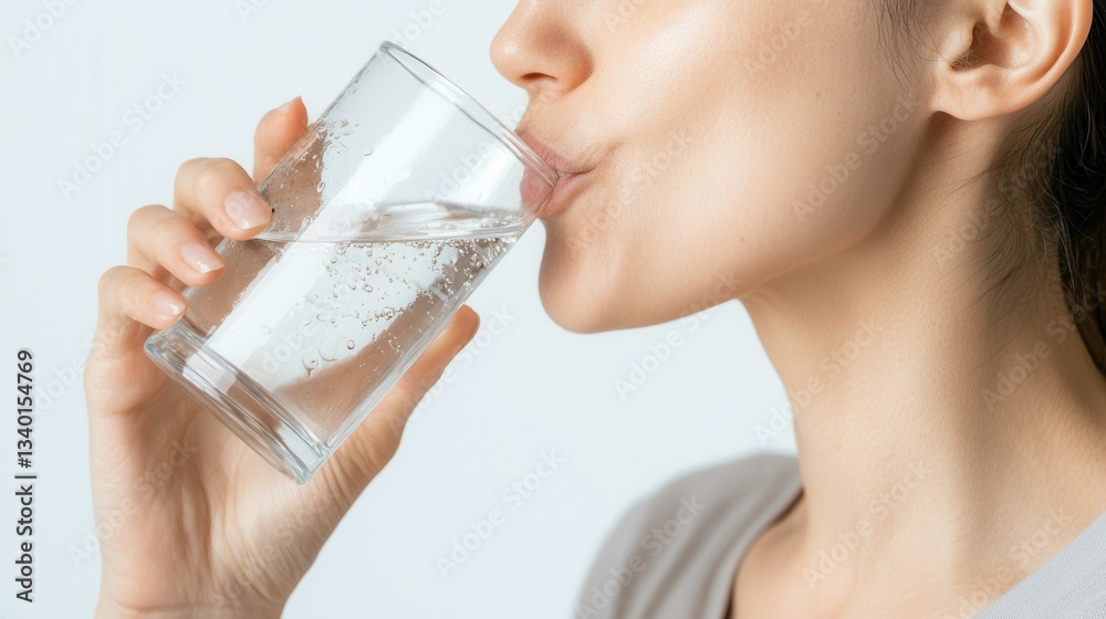 Person drinking water from a clear glass with droplets on the exterior Person drinking water from a clear glass with droplets on the exterior