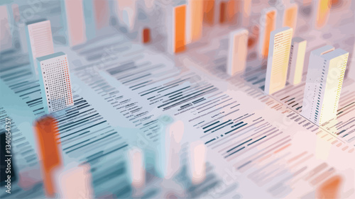 The image depicts a stylized 3D rendering of numerous pastel-colored bar charts rising from a field of blurred documents.  The documents appear to be forms or reports filled with illegible text.