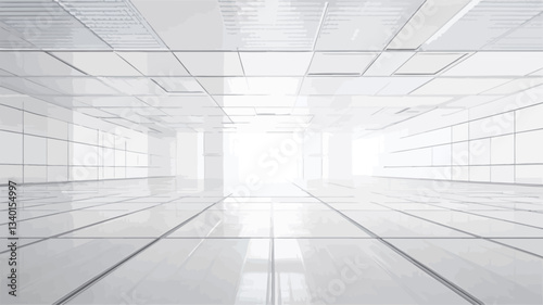 The image depicts a digitally rendered, long corridor or hallway with white walls, floor, and ceiling.  The perspective is from a central point, leading the eye toward a bright light source at the