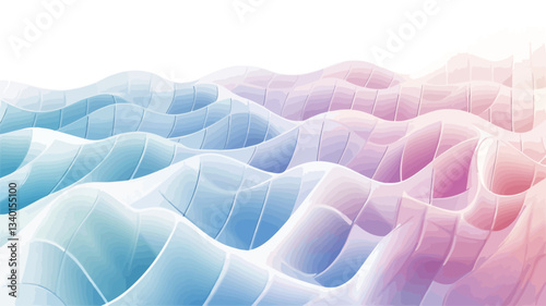 The image depicts a digital illustration of a wavy, abstract background. The color palette consists of soft pastel hues of pink, blue, and white.  The waves are smooth and flowing, creating a sense