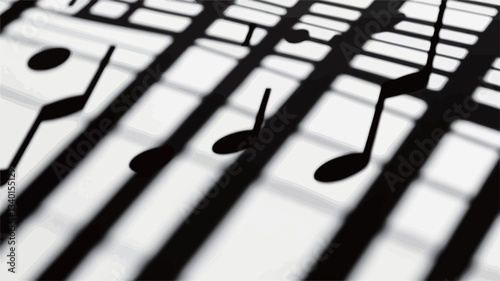 High-angle close-up shot of musical notes cast as shadows on a surface with parallel lines.  The image is in monochrome, featuring strong contrast between the black shadows of the musical notes and