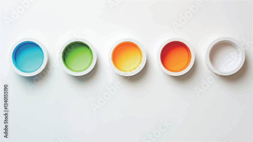 High-angle, close-up view of five small, cylindrical containers arranged in a horizontal row on a white background.  Each container is white with a brightly colored circular interior: light blue,