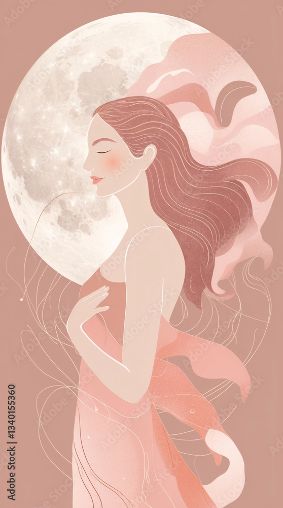 Abstract art of a graceful woman with celestial moon and wave patterns in pastel pink and soft peach artistic creation Abstract Woman Illustration Flat Design Abstract art of a graceful woman with celestial moon and wave patterns in pastel pink and soft peach artistic creation Abstract Woman Illustration Flat Design