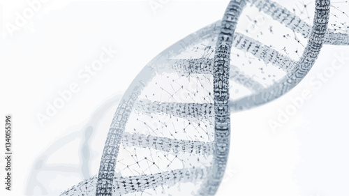 Close-up view of a stylized three-dimensional representation of a DNA double helix. The helix is rendered in shades of grey against a bright white background. The structure is detailed, showing the