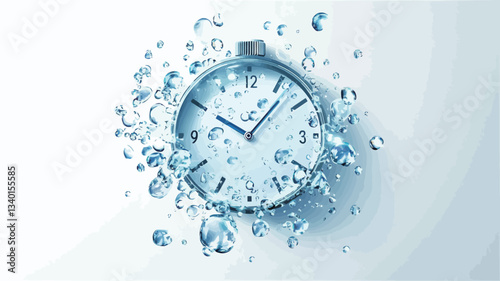 A digital illustration depicts a round analog clock face surrounded by numerous small, light blue water droplets. The droplets appear to be in motion, creating a splash effect around the clock. The