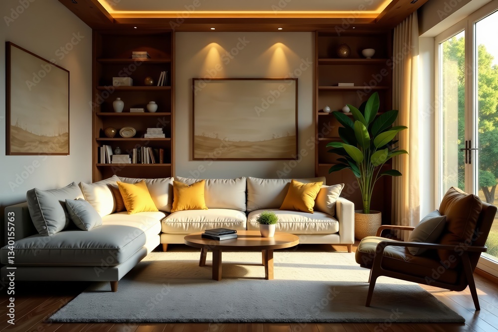 Fototapeta premium Cozy living room with warm lighting and plush seating, lamps, comfortable
