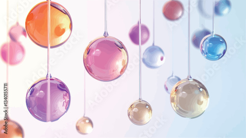 The image depicts numerous translucent spheres of varying sizes and pastel colors, hanging from thin, invisible strings against a soft, light blue and white gradient background. The spheres exhibit