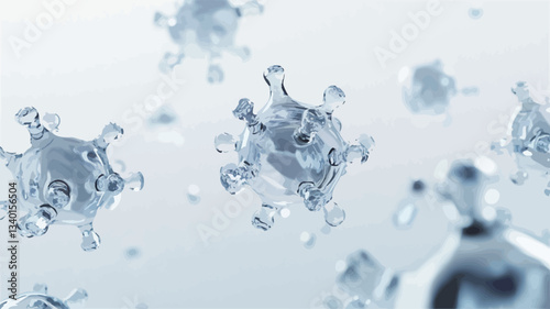 Close-up, digitally rendered image depicting multiple translucent, crystalline, virus-like structures floating against a bright, out-of-focus white and light blue background. The viruses have a