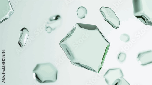 Close-up macro photograph of numerous translucent, light-green water droplets of varying shapes and sizes against a white background. The droplets exhibit a high degree of transparency and appear
