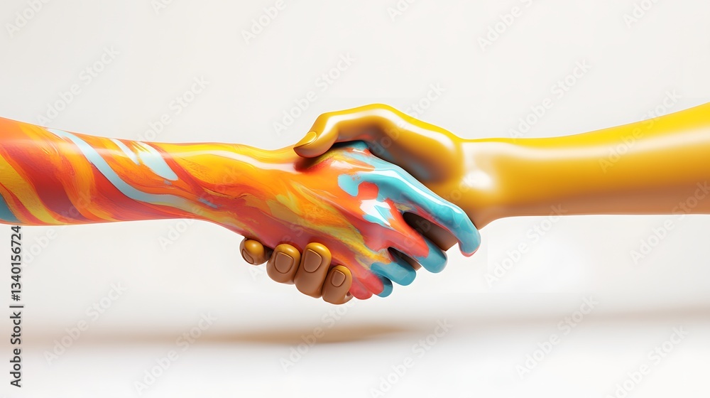 Two hands in a handshake one colorful and one yellow