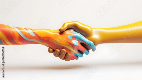 Obraz na płótnie Two hands in a handshake one colorful and one yellow w salonie