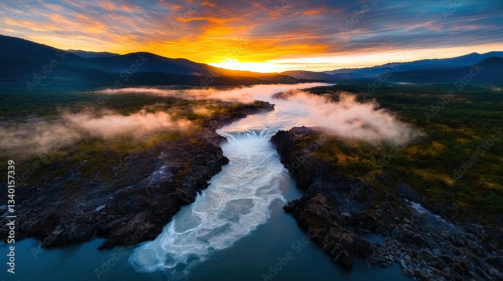 Naklejka premium River rapids landscapes twilight concept. A breathtaking view of a river at sunrise, surrounded by mist and mountains.