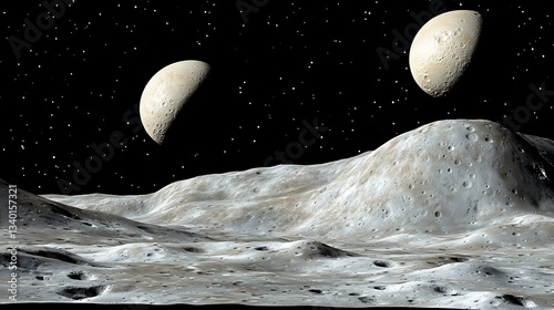 Two moons are shown above a cratered planetary surface