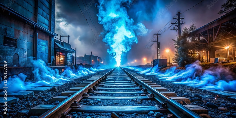 Obraz premium Glowing Blue Smoke Trails on Abandoned Train Tracks - Urban Exploration Photography