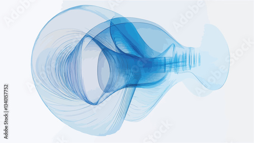 The image depicts an abstract form rendered in shades of translucent blue against a white background.  The form is composed of overlapping, swirling shapes creating a sense of movement and depth.