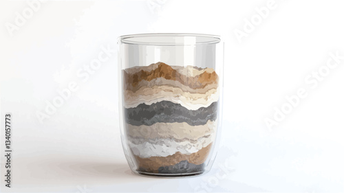 Close-up studio shot of a clear glass vessel filled with horizontally layered sand of various earth tones. The sand is arranged in distinct bands of brown, beige, gray, and black, creating a