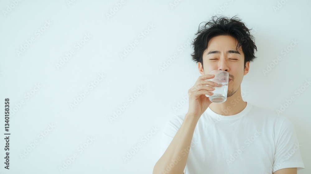 Young man drinking water from a clear glass in a serene indoor setting Young man drinking water from a clear glass in a serene indoor setting