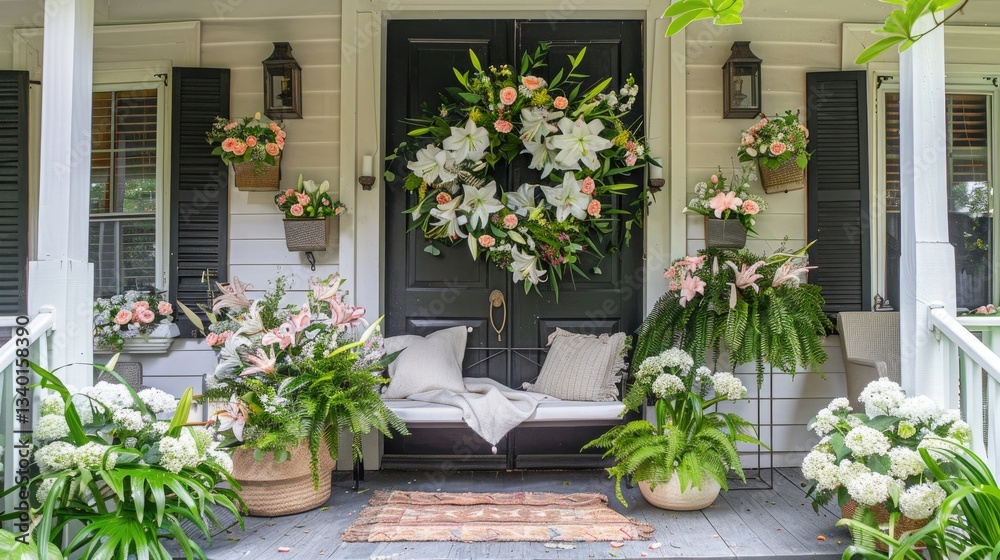 A porch decorated for Easter with a large floral lily wreath as the highlight A porch decorated for Easter with a large floral lily wreath as the highlight