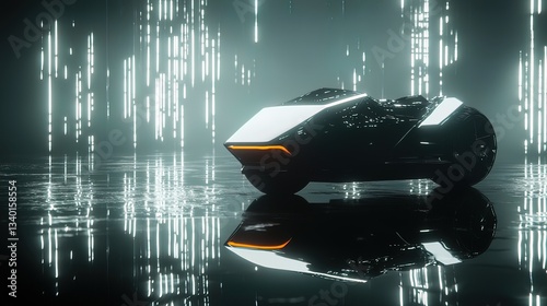 Futuristic black motorcycle with white accents, reflected on a shiny surface, neon lights in background. photo