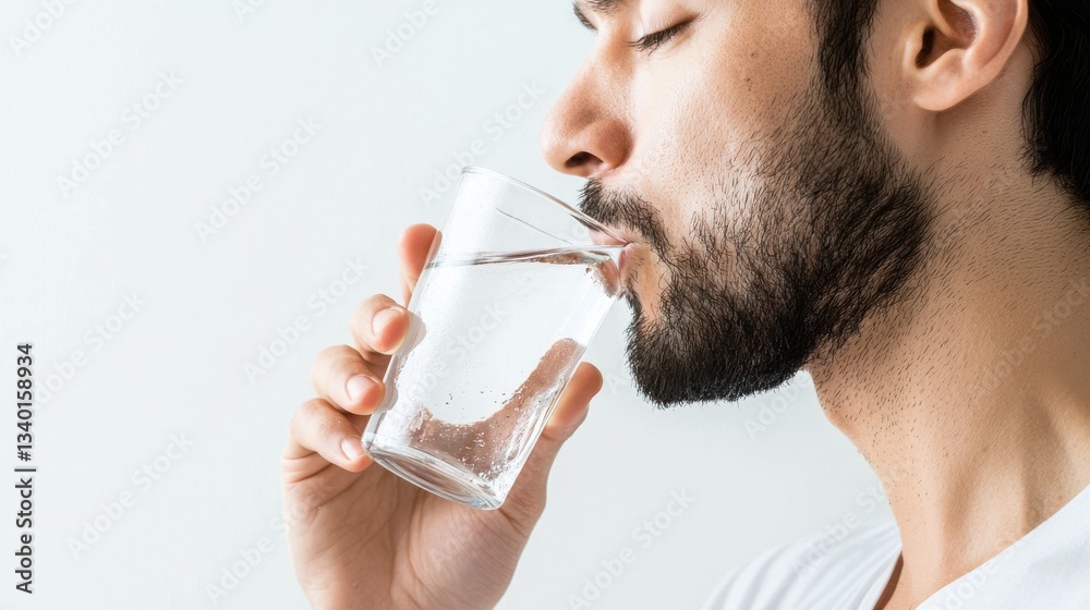Close-up of a bearded man drinking water from a clear glass Close-up of a bearded man drinking water from a clear glass