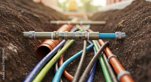 Underground utility cable installation in trench with various colorful pipes