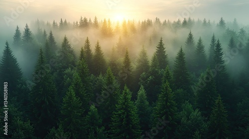Misty sunrise in a coniferous forest. Sunlight peeks through the fog, illuminating the dense canopy of evergreens.  A tranquil, aerial view