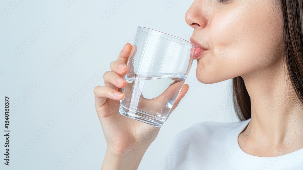 Person drinking water from a clear glass in a minimalistic setting