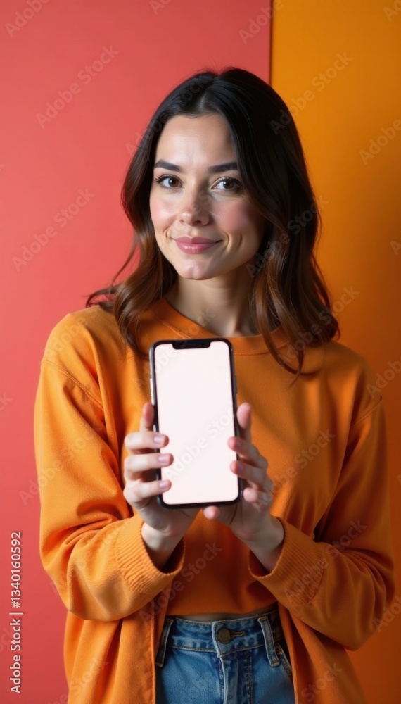 Woman holds empty mobile phone screen with a contemplative gaze, isolated against plain background , alone, minimalist interior Woman holds empty mobile phone screen with a contemplative gaze, isolated against plain background , alone, minimalist interior