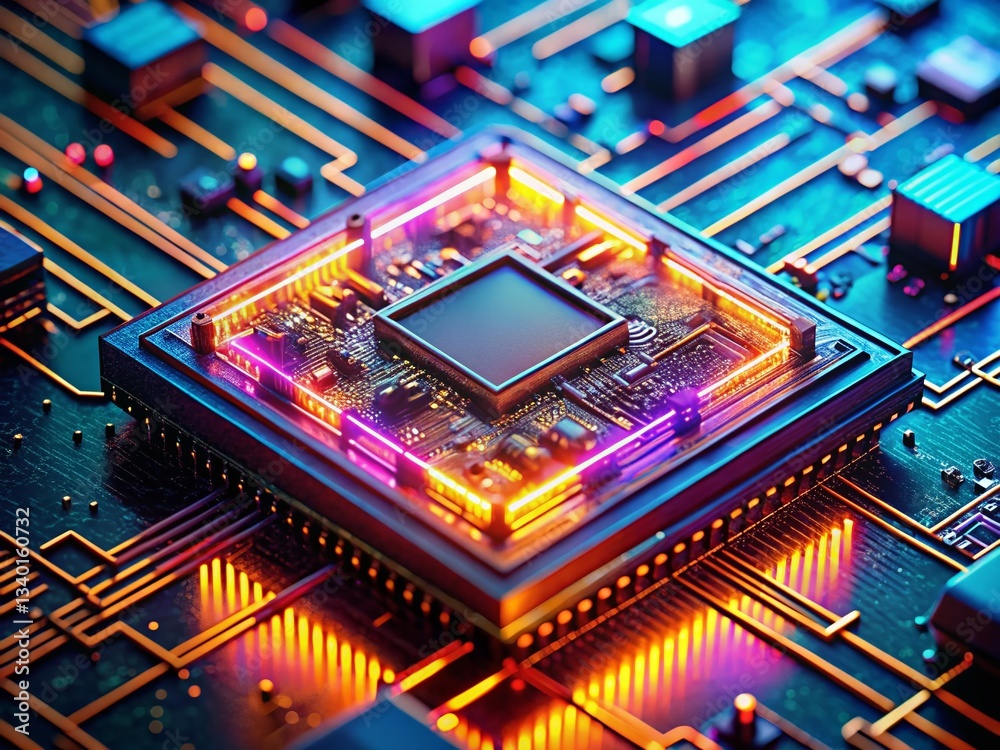 Fototapeta premium Glowing Microchip Circuitry Close-up: High-Tech Technology Stock Photo