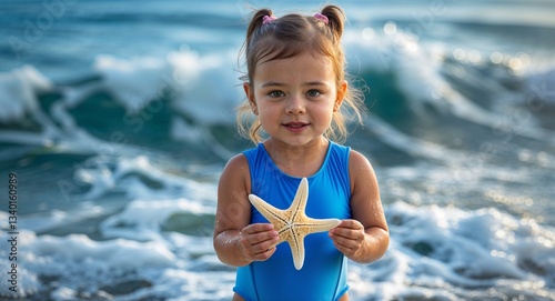 Toddler girl in blue swimsuit holding starfish with ocean waves behind
