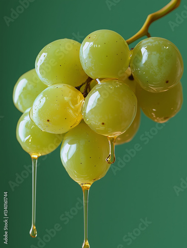 Fresh green grapes with dripping grape seed oil on green background. Natural beauty ingredient and cooking oil. Organic skincare extract.
