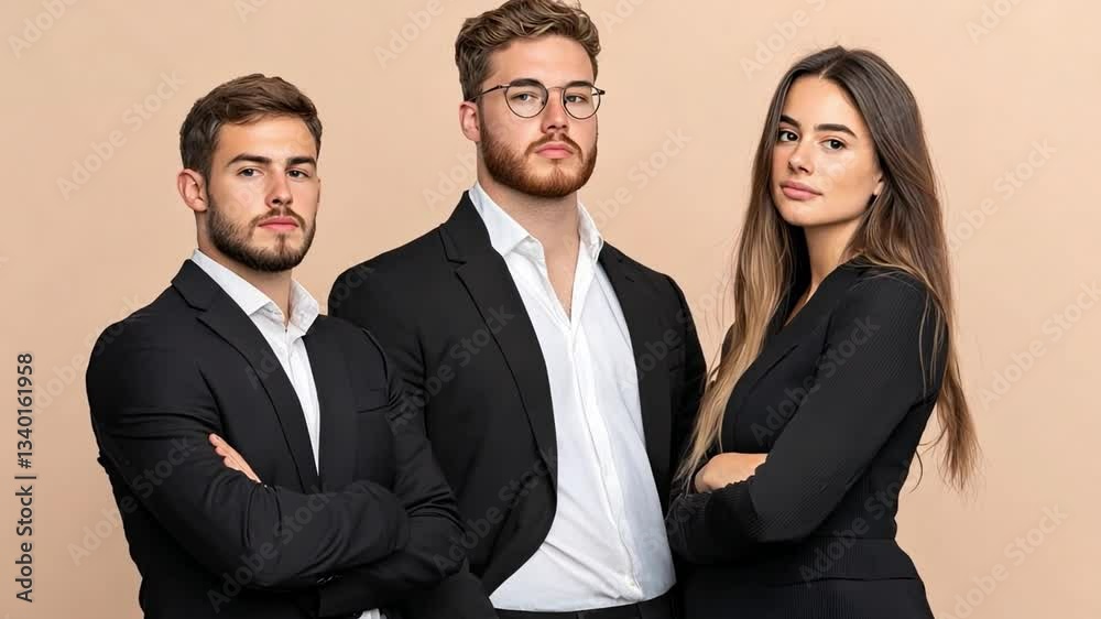 Professional young business team posing confidently against a neutral background for corporate representation Professional young business team posing confidently against a neutral background for corporate representation