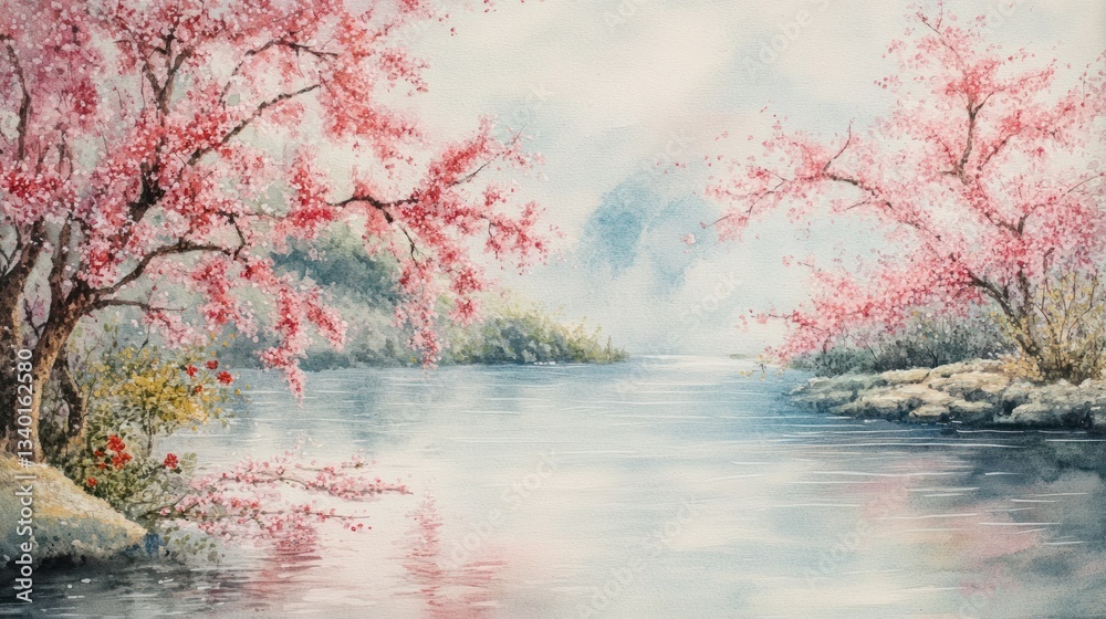 Fototapeta premium Misty Riverbank with Pink Blossoms