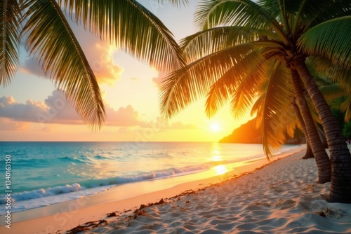 Warm sunlight filters through palm fronds on a sandy beach at sunset, sunset, tropical