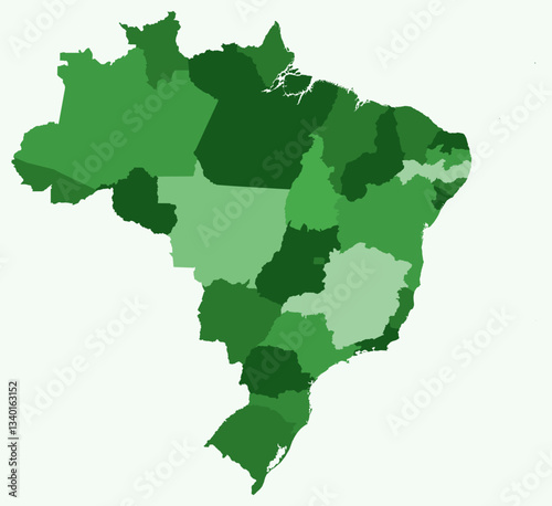 Map of Brazil with states. Just a simple country border map with state division. Green color palette. Flat Brazil shape with administrative division. Vector illustration.