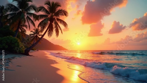 Warm light dances on the shore as the sun sets behind a backdrop of swaying palms trees, ocean wave, beach