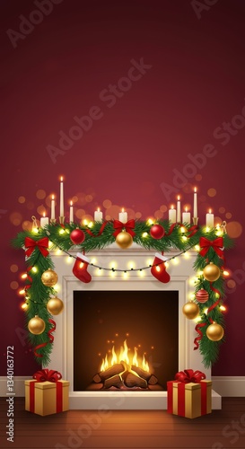 Cozy christmas fireplace with festive garland, candles, and gift-wrapped presents