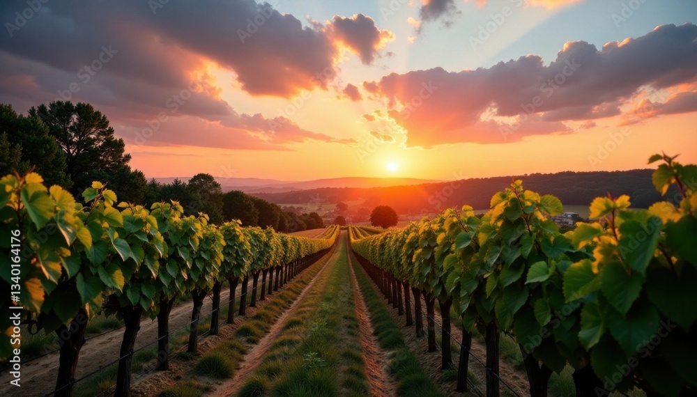 Fototapeta premium Vineyard landscape at sunset with wine barrels and trees, trees, barrels