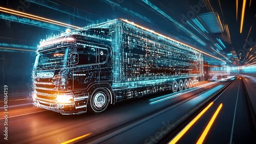 Futuristic digital semi truck speeding through glowing data tunnel animation loop