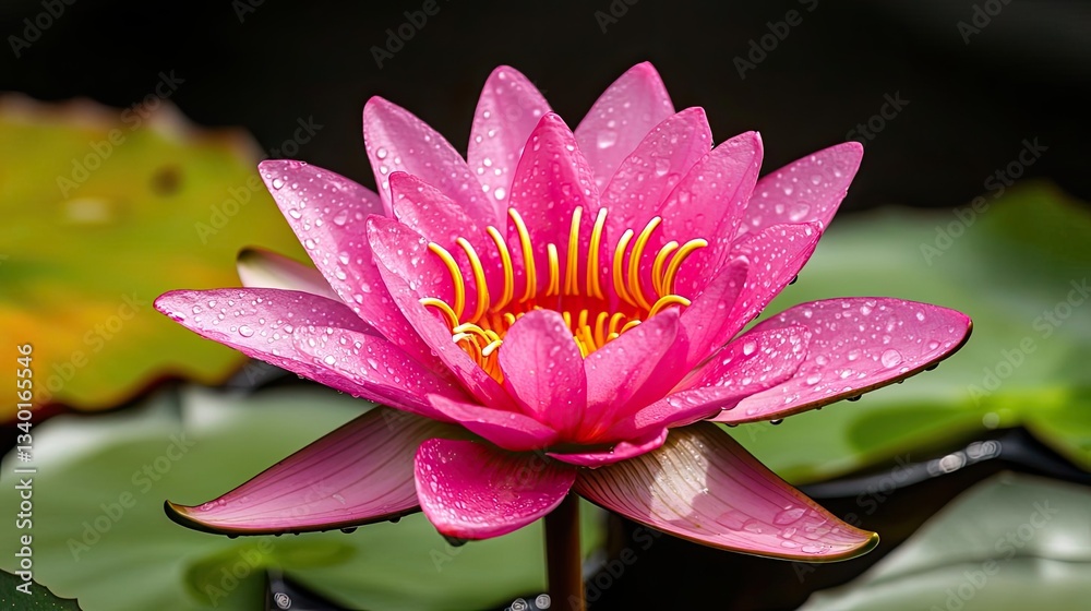 Water lily pond landscapes quiet concept. A vibrant pink lotus flower with raindrops resting on its petals and green leaves. Water lily pond landscapes quiet concept. A vibrant pink lotus flower with raindrops resting on its petals and green leaves.
