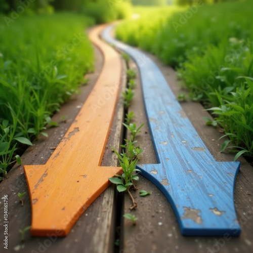 Two arrowheads pointing in opposite directions on a wooden pathway leading to different trails, decision, divergent path
