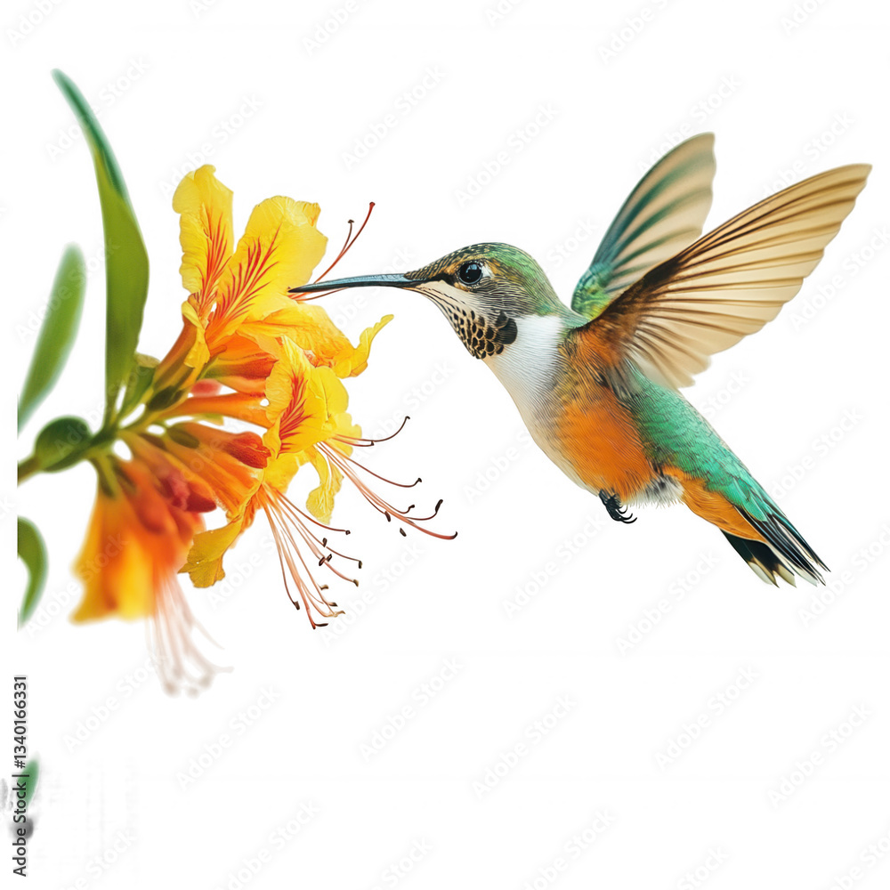 Obraz premium Hummingbird Hovering in Mid-Air While Feeding on a Flower