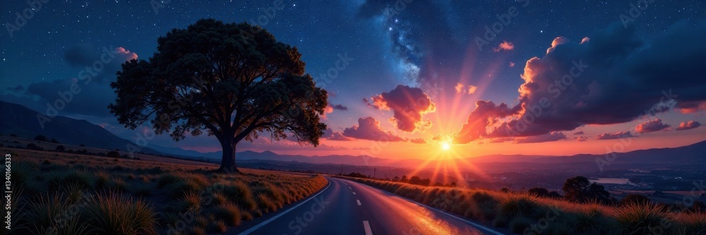 Tree-lined road under starry night sky with rising sun, mountains, sunrise Tree-lined road under starry night sky with rising sun, mountains, sunrise
