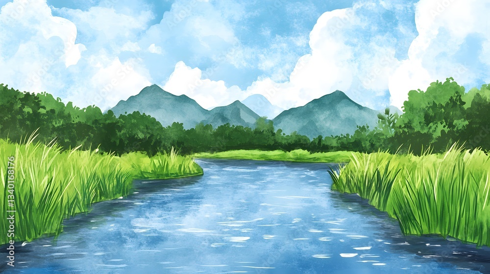Fototapeta premium Serene River Landscape Watercolor Painting of Mountains Sky and Water