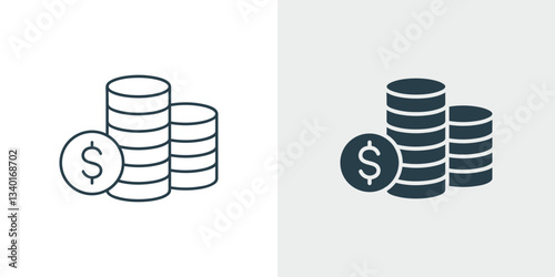 Coin Stacks Icon Set with Dollar Sign. Concept Savings, Investment, Wealth, Money, and Financial Assets Outline and Filled Icon vector illustration