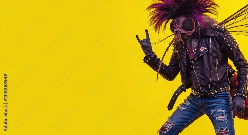 Obraz premium Punk rock insect hybrid: edgy style meets nature on vibrant yellow background
