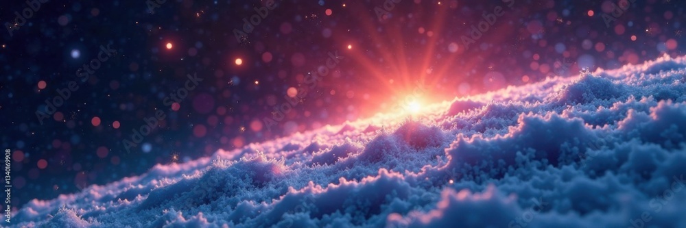 Fototapeta premium Starlight shining through snowflakes on a planet's surface, stars, planet, snow