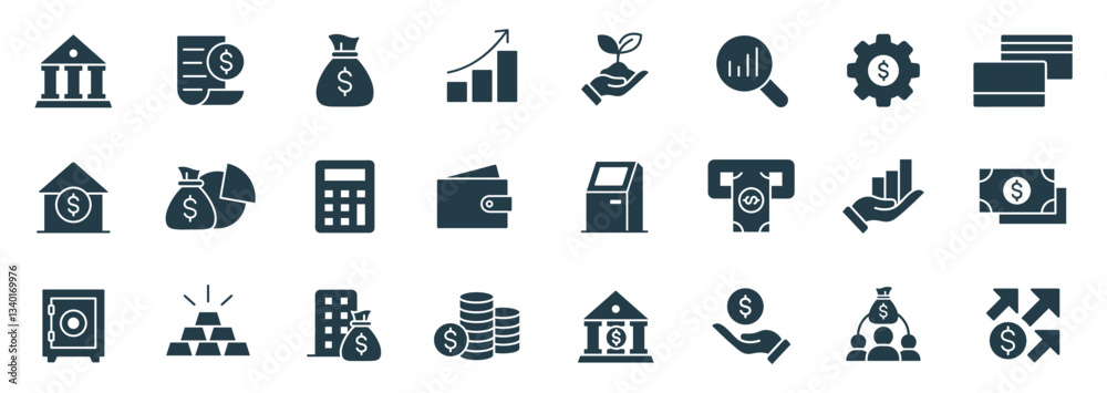 Finance and Banking filled Icon set Vector. Illustrations of Banking and Investment Icons